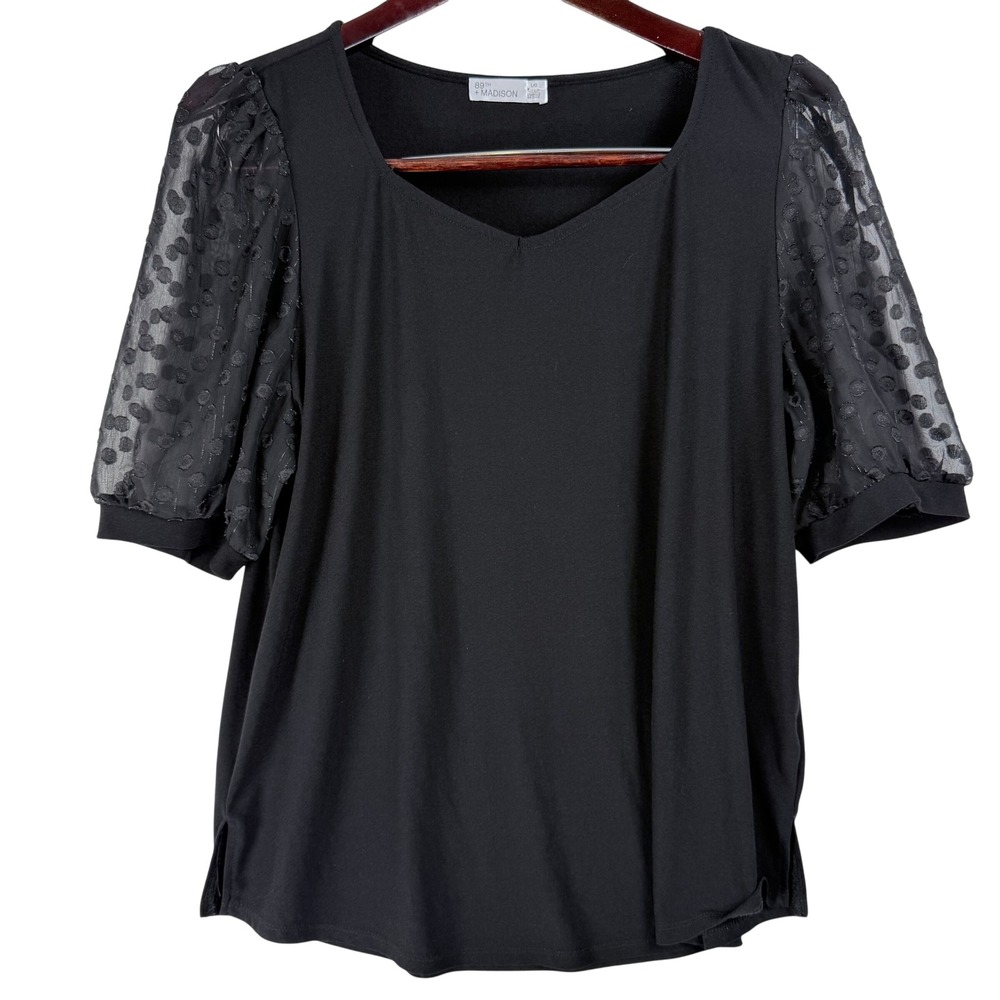 89th + Madison Top Womens Large Black Sheer Swiss Dot Puff Sleeve Metallic Goth